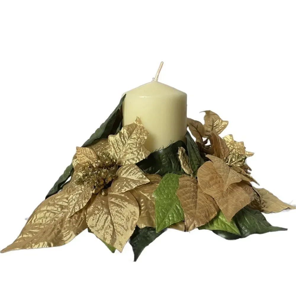 Gold Poinsettia & Green Leaf Circular Holiday Candle Holder w/Large Candle